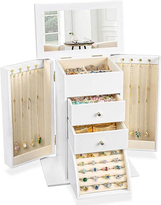 Emfogo Synthetic Leather Jewelry Box Organizer, Large Jewelry Boxes Storage with Mirror Velvet Interior, 4 Tier Jewlery Or...