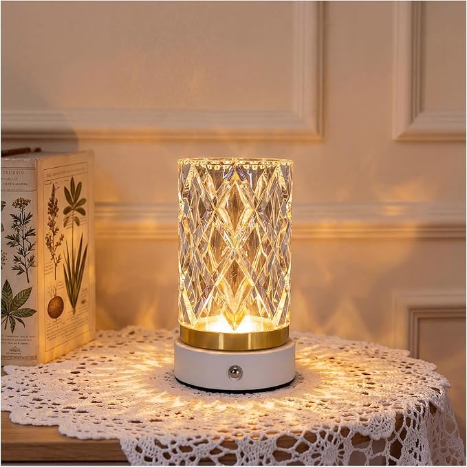 MMHF Crystal Table Lamp, Portable LED Bedside Lamp Touch Control, 3 Color Modes Dimmable, USB Rechargeable Night Light, Wa...