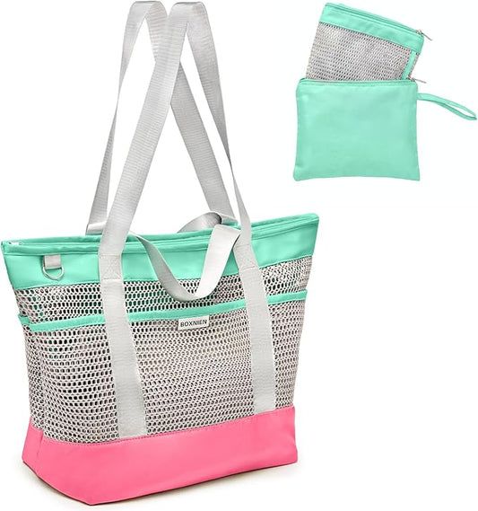 BOXNIEN Large Mesh Beach Bag for Women - 28L Oversized Foldable Tote with Waterproof Sandproof Bottom plus Zipper and 7 Po...