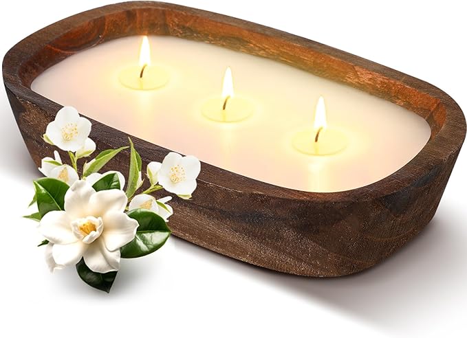 Threlaco 1 Pack 10 Inch Wood Dough Bowl Candles Home Rustic Dough Bowl Soy Candle 3 Wick Scented Candles Gifts for Men Wom...