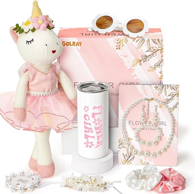 Golray Flower Girl Proposal Gifts Set, Will You Be My Flower Girl Gift with 16in Knitted Unicorn/ 15oz Cup/Floral Sunglass...