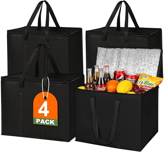 JNYONG 4 Pack Insulated Reusable Grocery Shopping Bags with zippered top,Food Delivery Bag,Collapsible Cooler Bag for Froz...