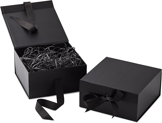 Hallmark Medium Gift Boxes with Bow and Shredded Paper Fill, Pack of 2 (Black 8 inch Box) for Weddings, Graduations, Birth...
