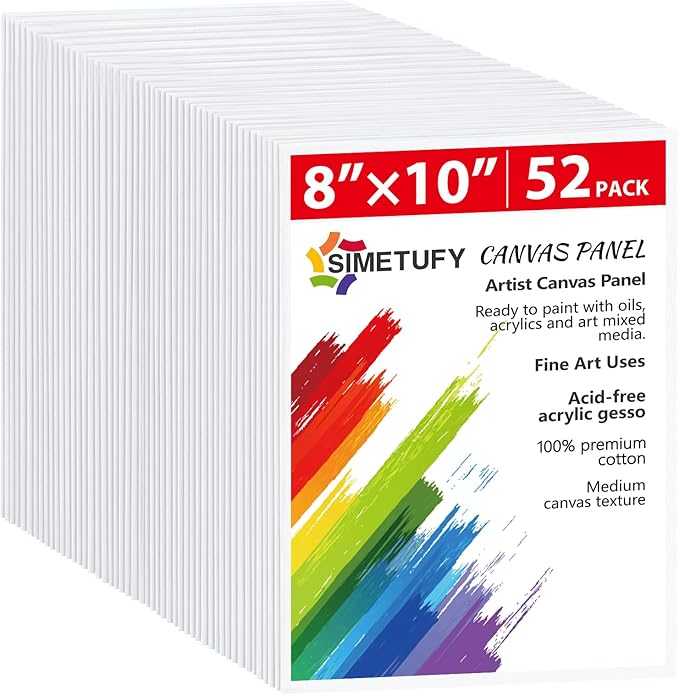 Simetufy Canvas Boards for Painting 52 Pack 8 x 10 Inch Blank Flat Canvas Panels 100% Cotton Pre-Primed for Acrylic & Oil ...