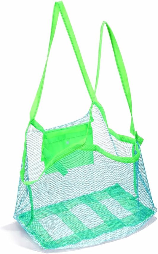 Yuomeaz Mesh Beach Bag, Mesh Beach Toy Bags, Green Foldable Sandproof Tote Bags for Pool, Travel, Summer Party (15×9×14 in)