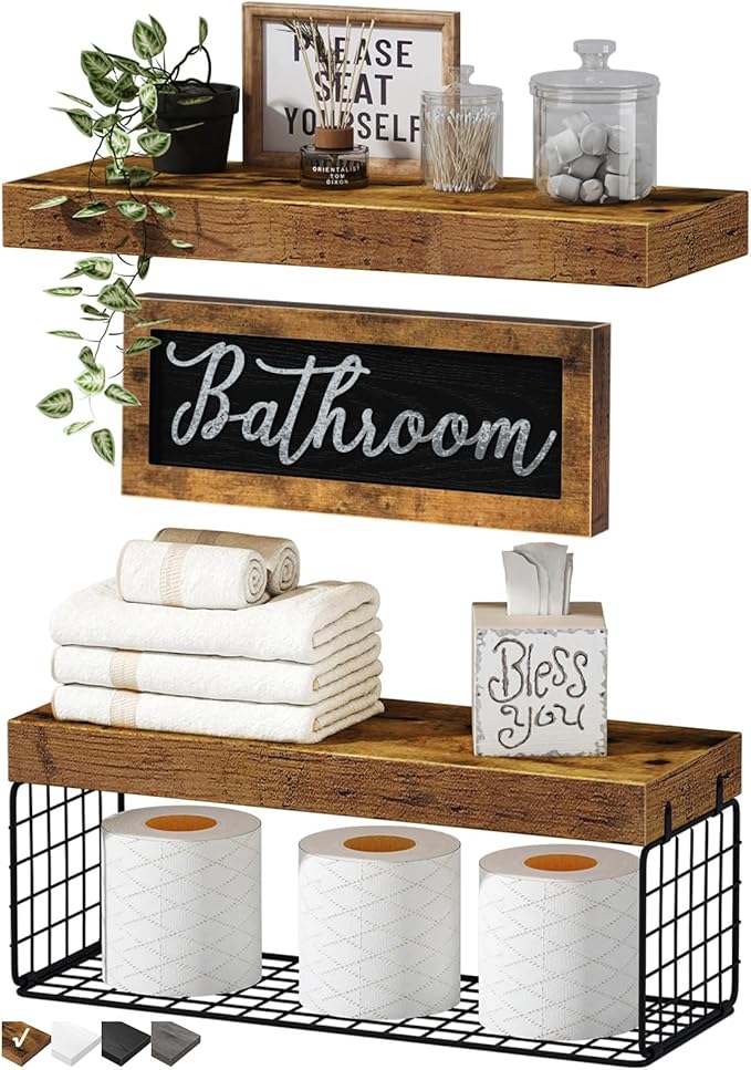 QEEIG ‎Bathroom Shelves Over Toilet - Paper Storage Wall Mounted Farmhouse Decor Decorations Aesthetic Décor Sign Small Fl...