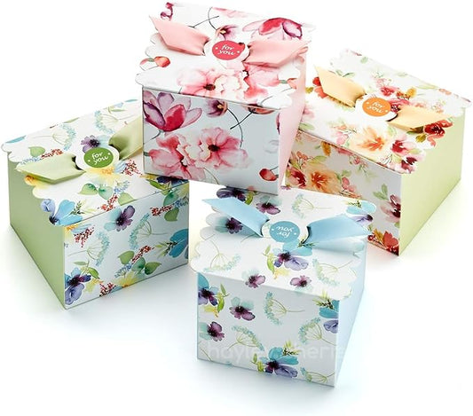 Small Floral Gift Boxes with Ribbons (20 Pack) 4” x 3.2” Cute Flower Decorative Mini Treat Boxes, Printed Spring Wildflowe...