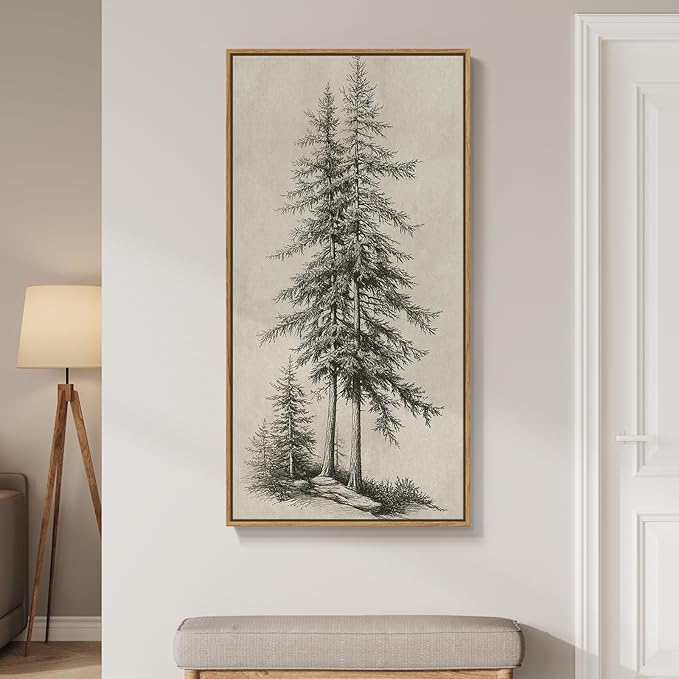Framed Vertical Vintage Sketch Tree Living Room Wall Art, Large Black Beige Rustic Pine Artwork for Walls, Classic Antique...