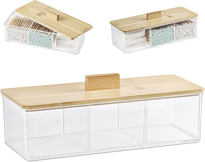 ZEXALOR Clear Bathroom Dresser Organizer - Cotton Ball Swab Holder with 3 Divided Compartments&Lid, Waterproof Transparent...