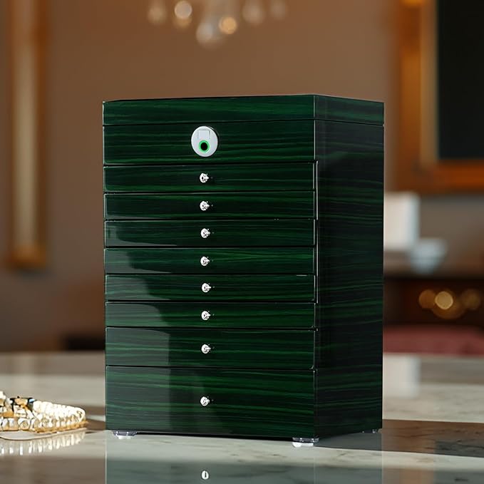 SYENS Wooden Jewelry Box Fingerprint Lockable 9-Layers Extra Large Capacity Jewelry Cabinet for Necklace/Rings/Pendants/Br...