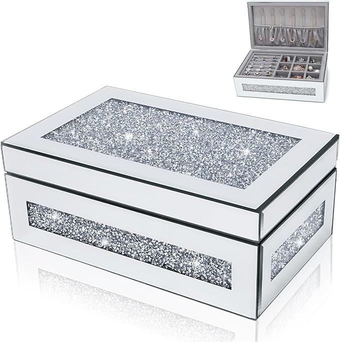 Poeuai Glam Rhinestone Crystal Silver Glass Jewelry Box, Sparkly Blinged Out Mirror Jewelry Box for Women, Elegant Jewel B...