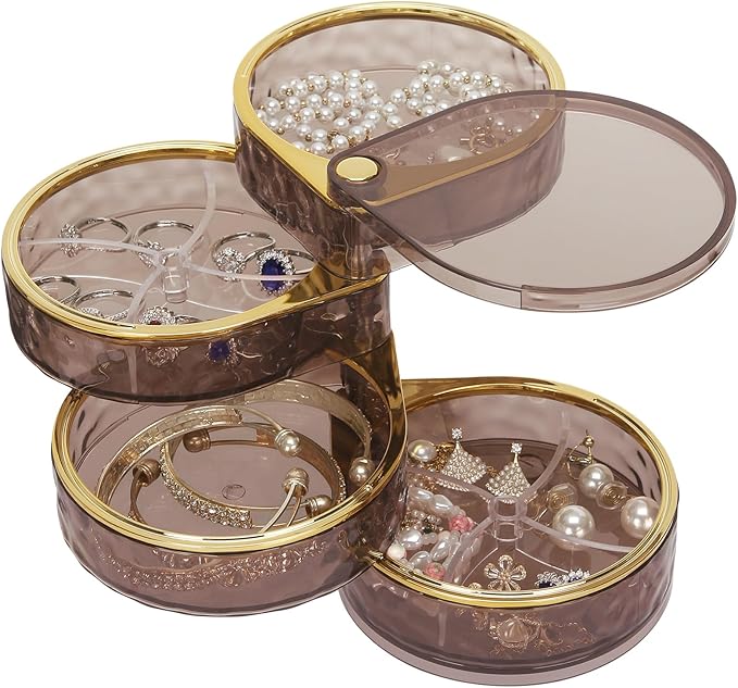 LETURE 4-Layers Rotatable Jewelry Organizer Storage Box, Clear Jewelry Holder Case for Ring Earring Necklaces Bracelets Ma...