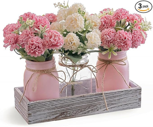 LUEUR 3PCS Artificial Hydrangea Flowers in Mason Jars with Wood Tray for Dining Table Coffee Table Farmhouse Home Decor Ce...