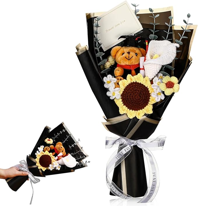 HyDren Graduation Bear Bouquet Handmade Crochet Flower Bouquet Artificial Sunflower Calla Lily Daisy Graduation Flowers Gr...