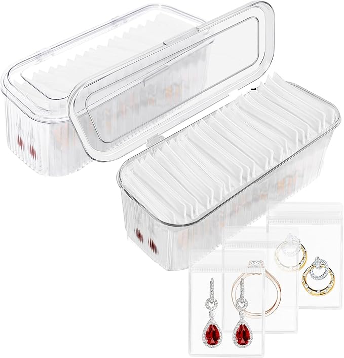 Wensdr 2 Packs Acrylic Jewelry Box with 100pcs PVC Portable Anti Oxidizing Zipper Bags Flip Lid Jewelry Organizer for Earr...