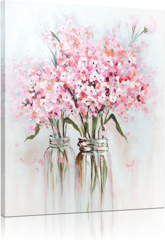 YPY Pink Flowers Canvas Wall Art: Abstract Bouquet in Vase Artwork Prints for Teen Girl Bedroom Pink Floral Picture Poster...
