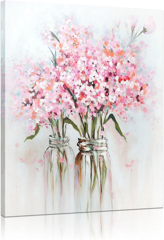 YPY Pink Flowers Canvas Wall Art: Abstract Bouquet in Vase Artwork Prints for Teen Girl Bedroom Pink Floral Picture Poster...