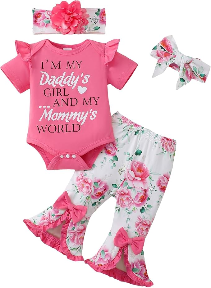 SUNNY PIGGY Newborn Baby Girl Clothes Infant Floral Outfits Bell Bottom Flowerpant Headband 0-18 Months Baby Girl Romper