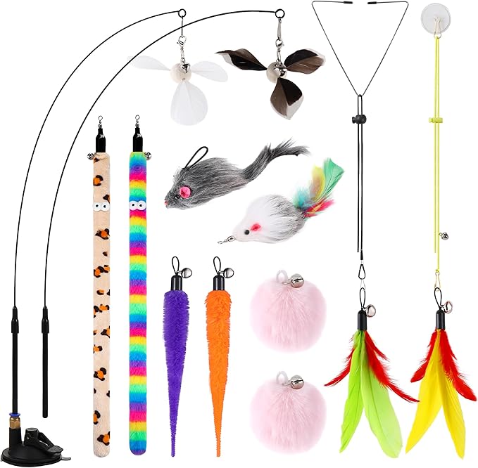 Soarer 4-in-1 Interactive Cat Feather Toys,12Pcs Durable Fishing Pole Cats Feathers Toy Replacements,Enhanced Suction Cup ...
