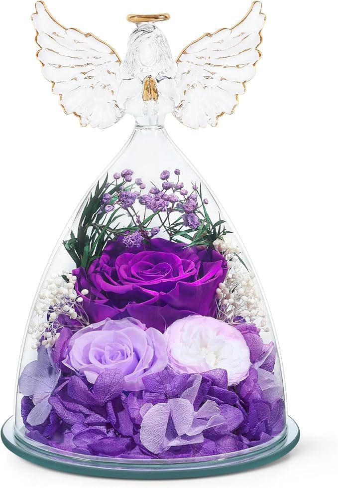 FIACO Gifts for Mom Women Birthday Preserved Rose in Glass Angel Figurine Forever Fresh Flower for Delivery, Mothers Day F...