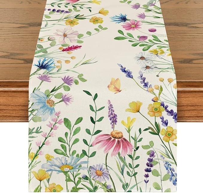 Artoid Mode Daisy Eucalyptus Lavender Floral Leaves Summer Table Runner, Spring Kitchen Dining Table Decoration for Home P...