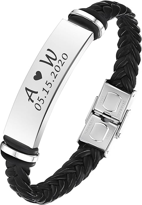 EDSG Mens Bracelet Personalized Custom Bracelets for Men Leather Engraved Bracelet Gift for Boyfriend Husband Dad Bestman ...