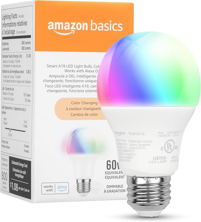Amazon Basics Smart A19 LED Light Bulb, Color Changing, 9W (60W Equivalent), 800LM, Works with Alexa Only, WiFi 2.4 GHz, N...