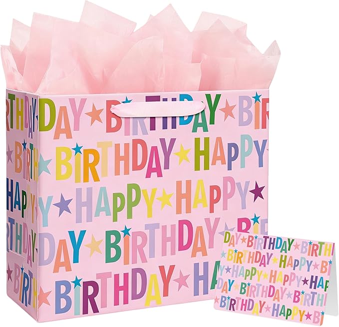 Yusenguan 13" Pink Happy Birthday Gift Bag, Colorful Lettering Design with Card, Tissue Paper and Sturdy Handles for Kids...