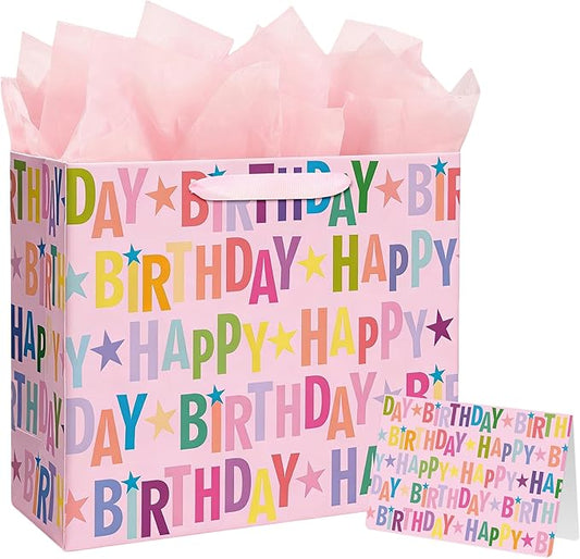 Yusenguan 13" Pink Happy Birthday Gift Bag, Colorful Lettering Design with Card, Tissue Paper and Sturdy Handles for Kids...