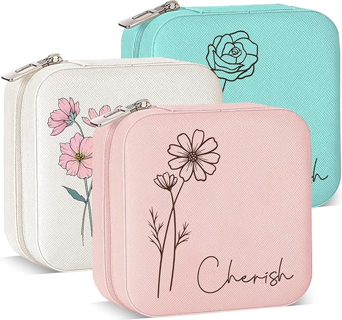 Ships Next Day, Custom Travel Jewelry Box with Name Birth Flower, Birthday Gifts for Women, Bridesmaid Proposal Gifts Pers...
