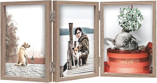 TOFOREVO 4x6 3 Picture Frame Triple Wooden Three Hinged Photo Frame Definition Glass Stand Vertically on Desktop or Tabletop