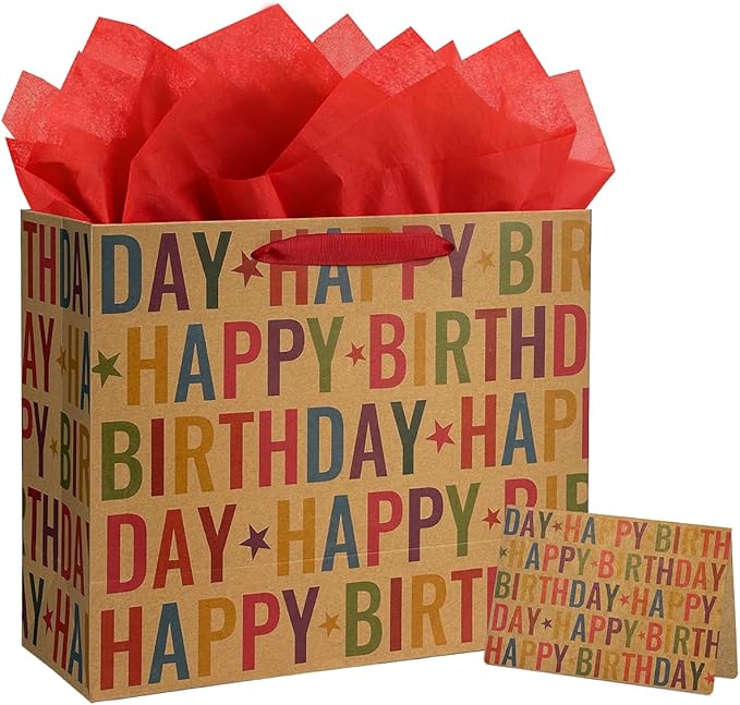 Yusenguan 13" Kraft Happy Birthday Gift Bag, Colorful Lettering & Star Design with Tissue Paper and Greeting Card, Sturdy ...