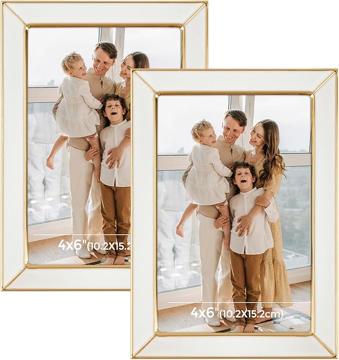 Frametory Enamel Picture Frame - 4x6 Gold Metal Edge White Enamel Picture Frame With Easel and Velvet Back for Tabletop Di...