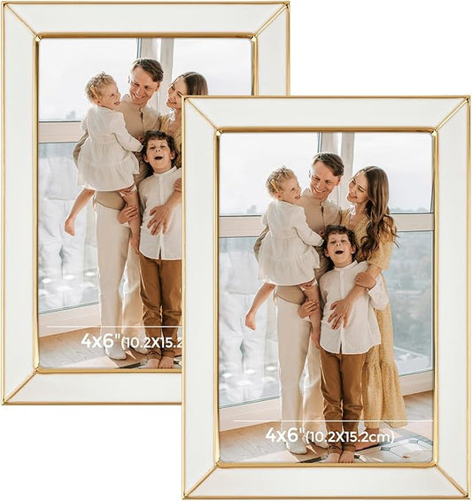 Frametory Enamel Picture Frame - 4x6 Gold Metal Edge White Enamel Picture Frame With Easel and Velvet Back for Tabletop Di...