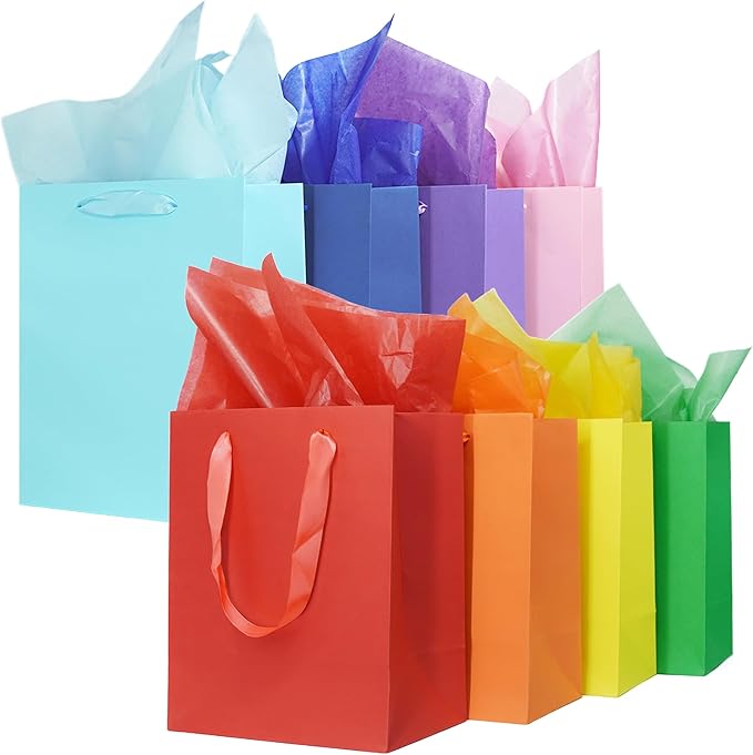 MOXARYSU 8 Pcs Medium Gift Bags With Handles: 8x5x10 Rainbow Colour Gift Bags Kraft Paper Party Favor Bags With 16 Tissues...