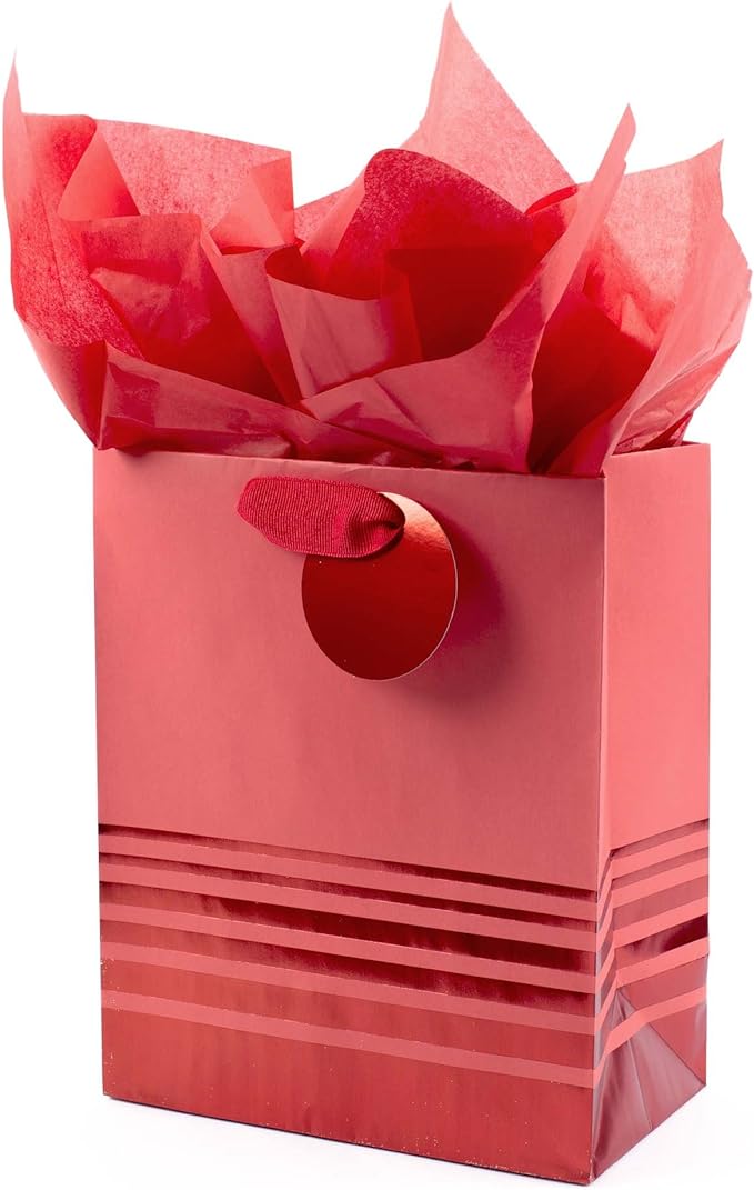 Hallmark 9" Medium Gift Bag with Tissue Paper (Red Foil Stripes) for Christmas, Birthdays, Father's Day, Graduations, Vale...