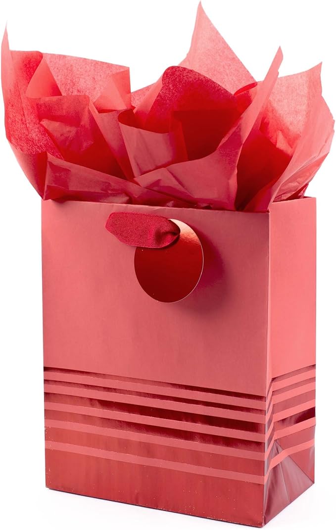 Hallmark 9" Medium Gift Bag with Tissue Paper (Red Foil Stripes) for Christmas, Birthdays, Father's Day, Graduations, Vale...