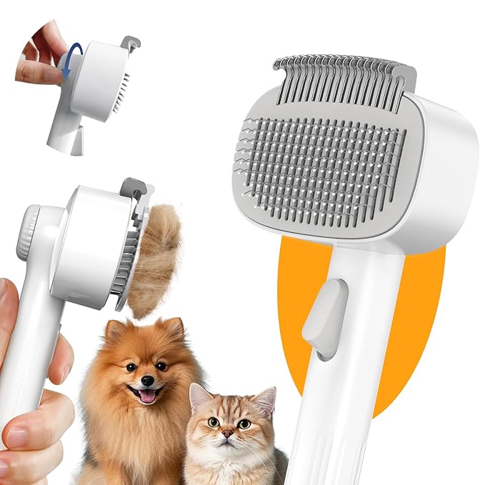 Dog & Cat Brush for Shedding, Self Cleaning Deshedding Brush with Adjustable Bristle Length & Dematting Comb, Skin Friendl...