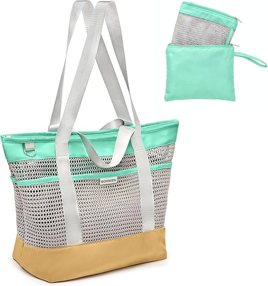 BOXNIEN Mesh Beach Bag for Women - Large Foldable Tote with Waterproof Sandproof Bottom plus Zippered Top and 7 Pockets Li...