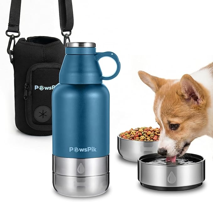 PawsPik 32oz 3-in-1 Travel Dog Water Bottle & Bowl Set – Stainless Steel Vacuum-Insulated Bottle with Detachable Food & Wa...