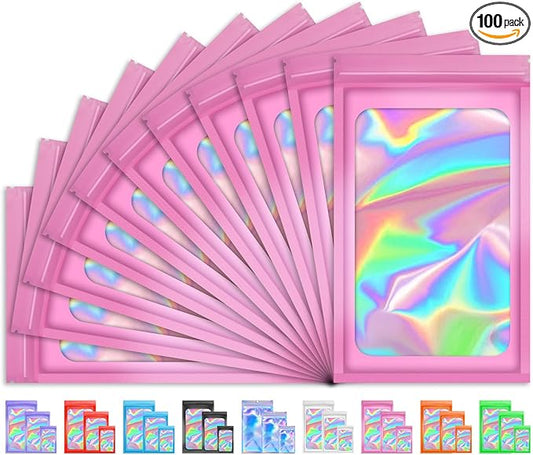 TIFICAL 100 PCS Holographic Bags, Smell Proof Bag, Resealable Gift Bags, Clear Bags for Food Storage, Party Favor Bag, Myl...