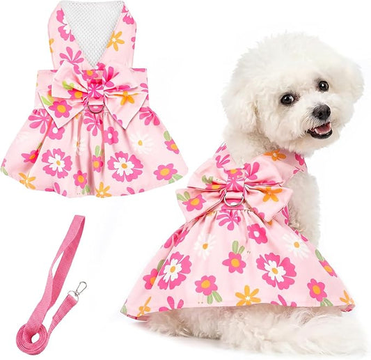 BAOBICUTE Dog Dress Harness Dresses Leash Set for Small Dogs Cute Girl Dog Clothes with Bowknot Puppy Outfits for Shih Tzu...