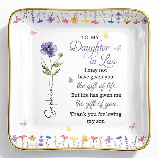 ALMAGEMSUS Personalized Daughter In Law Jewelry Dish, Birth Floral Ceramic Trinket Dish, Ring Holder Tray, Sentimental Gif...
