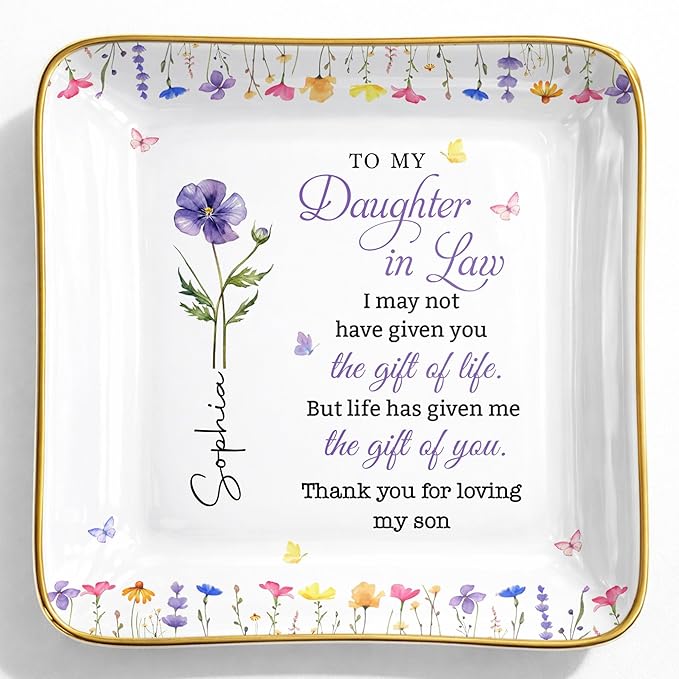 ALMAGEMSUS Personalized Daughter In Law Jewelry Dish, Birth Floral Ceramic Trinket Dish, Ring Holder Tray, Sentimental Gif...