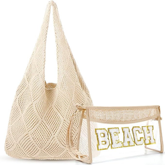 Aliceset 2 Pack Crochet Mesh Beach Tote Bag with Letter Patch Pocket Summer Beach Tote Bohemian Straw Transparent Bag