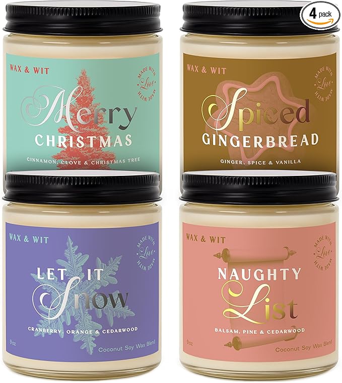 Wax & Wit Christmas Candles Gift Set Scented, Winter Holiday Set of 4 Pack Candle - Natural Coconut Soy Candles, 180+ Hr B...