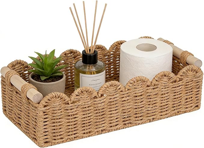 Upgraded Paper Rope Scalloped Edge Toilet Paper Storage Basket, Small Living Room, Bedroom Decor Baskets for Over Toilet S...