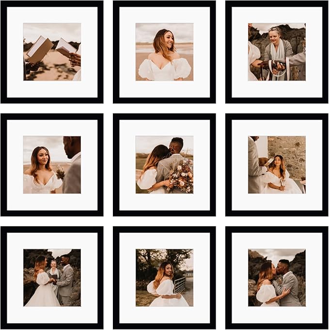 BSRHOME 12x12 Picture Frame Set of 9, Display Pictures 8x8 with Mat or 12x12 without Mat, Multi Collage Gallery Square Pho...