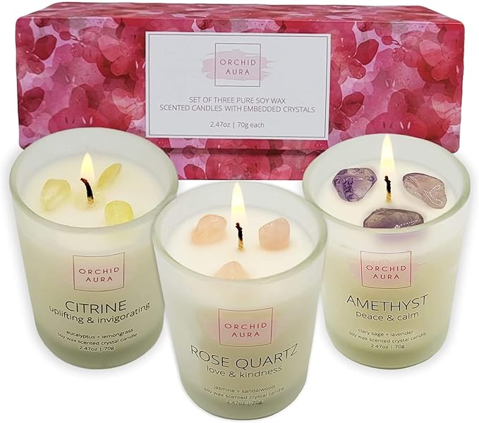ORCHID AURA Soy Candles with Healing Crystals. Citrine, Rose Quartz, Amethyst Crystal. Eucalyptus + Lemongrass, Jasmine + ...