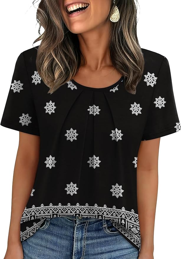 WIHOLL Women T Shirts Pleated Short Sleeve Tops Business Casual Dressy Blouses